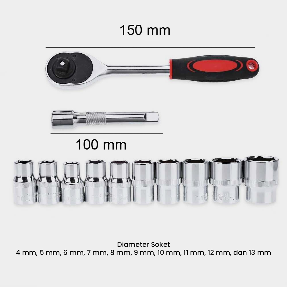 Taffware Kunci Pas CR-V Drive Socket Wrench Set 1/4 Handle 12 PCS