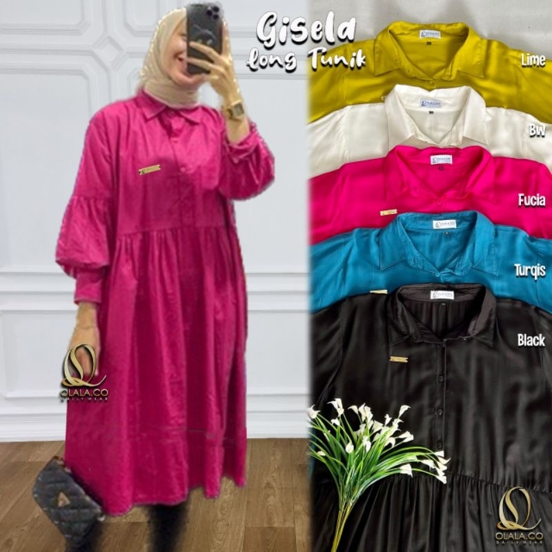 Gisela Long Tunik Polos Fuchia Putih Hitam Katun Rayon Viscose Ld 110-140 Oversize Super Jumbo By Ol