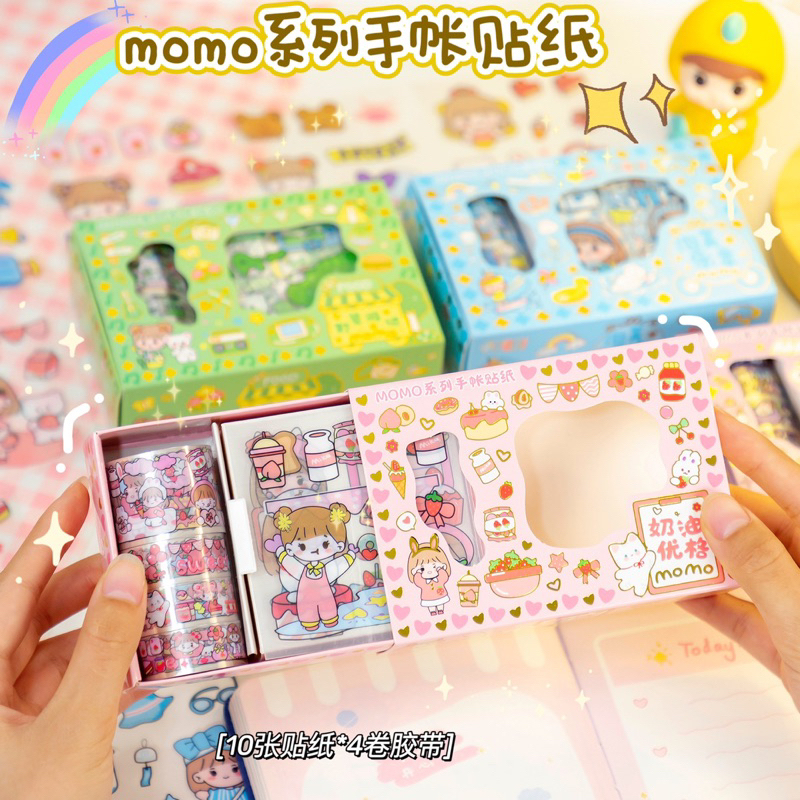 

mainan Sticker Roll MOMO BOX ISOLASI LEMBARAN 4 Roll 10 Lembar Stiker lucu viral murah lucu cantik