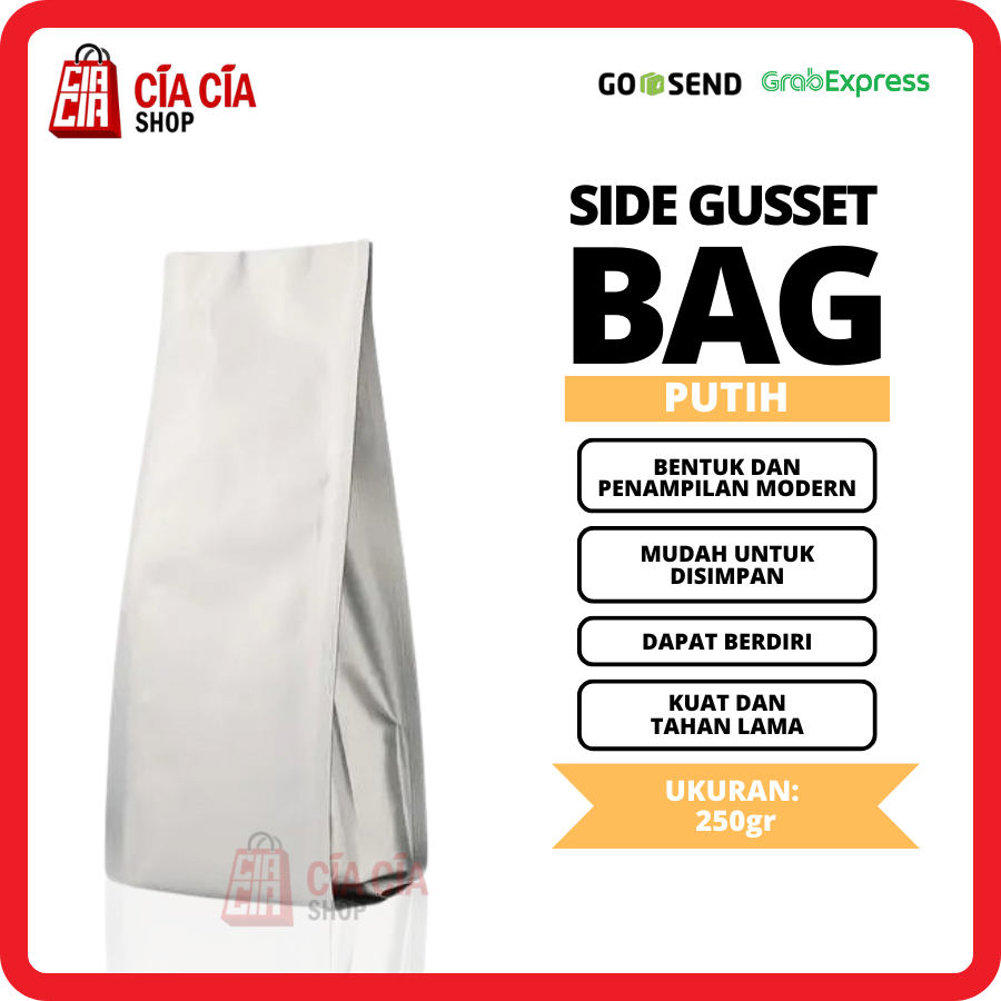 Kemasan Gusset Kopi 250 gr Alu Bag Quad Seal Doff Non Valve Putih