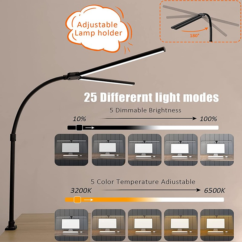 Lampu Meja LED Double Head Eye Protection 5 Color Mode 24W - T188 - Black