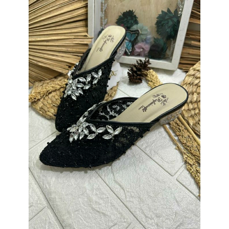 Sepatu wedding pesta cantik dhara hitam 3cm kaca