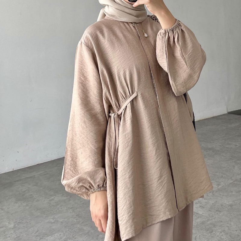 ALBINA BLOUSE POLO LINEN - KEMEJA TUNIK TALI KERUT PINGGANG - ATASAN WANITA MUSLIM - KEMEJA BLOUSE WANITA