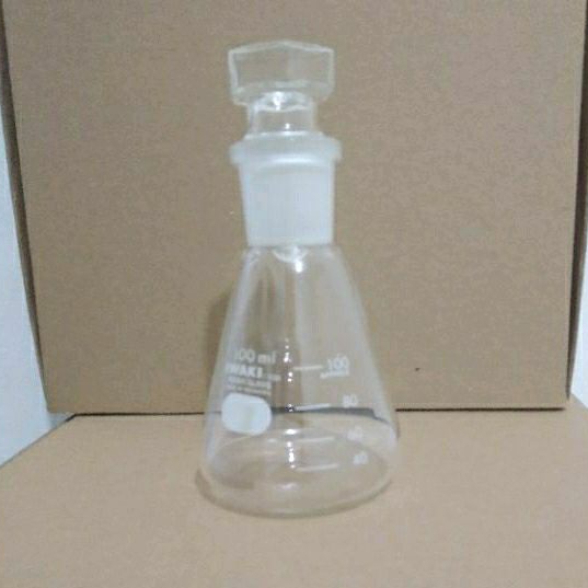 Erlenmeyer 100ml dengan Tutup Asah Iwaki. Erlenmeyer 100ml with Glass Stopper Iwaki.