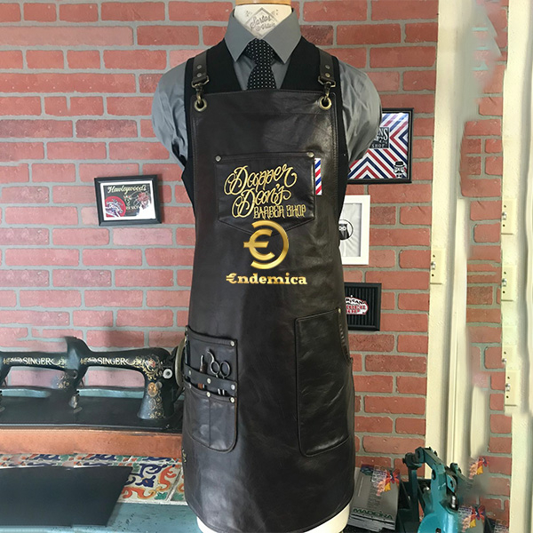 Apron barbershop celemek cukur rambut apron barista celemek cafe full premium pu leather X strap for barista barber plus bordir logo