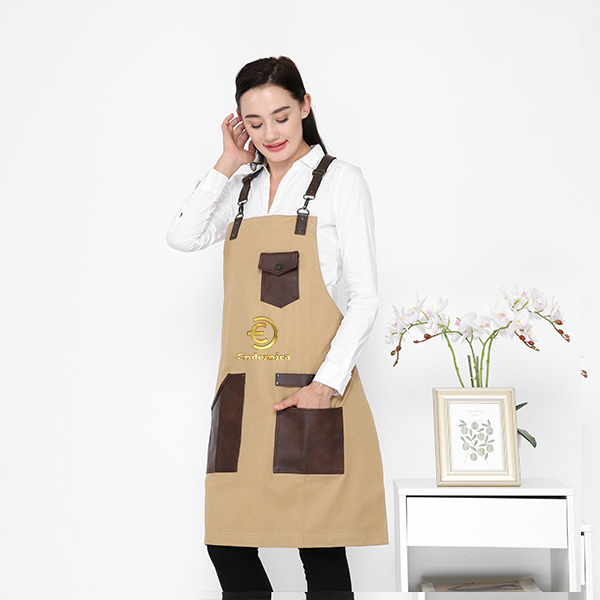 Apron Full Cotton &amp; pu kulit pocket Y strep synthetic leather Warna Khaki/Coffee