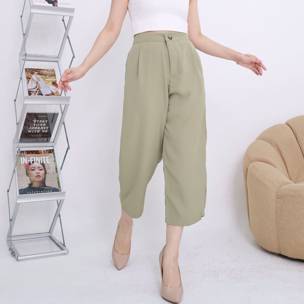 Milen Midi Celana Kulot Wanita Highwaist Culotte Pants Bahan Crinkle - Celana Pendek Wanita