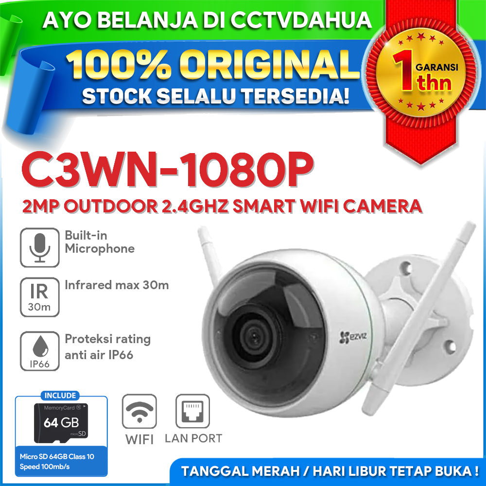 EZVIZ HUSKY C3WN 1080P FREE MICRO SD 64GB WIFI GARANSI RESMI 1 THN