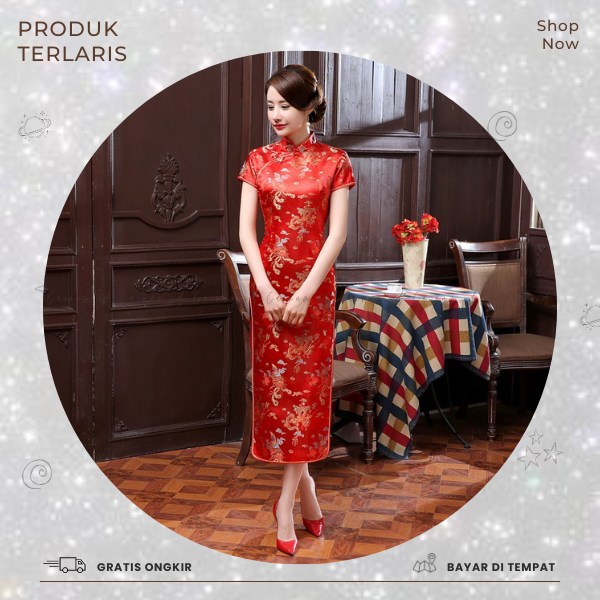 BISA COD Gaun Cheongsam Model Panjang Brokat Satin Longfeng Pakaian Pertunjukan Cheongsam Lengan Pen