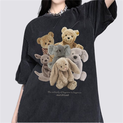 XIAOZHAINV Korean Style Bear Dolls Pattern Washed Printing Kaos Wanita A0384/Atasan Wanita Terbaru