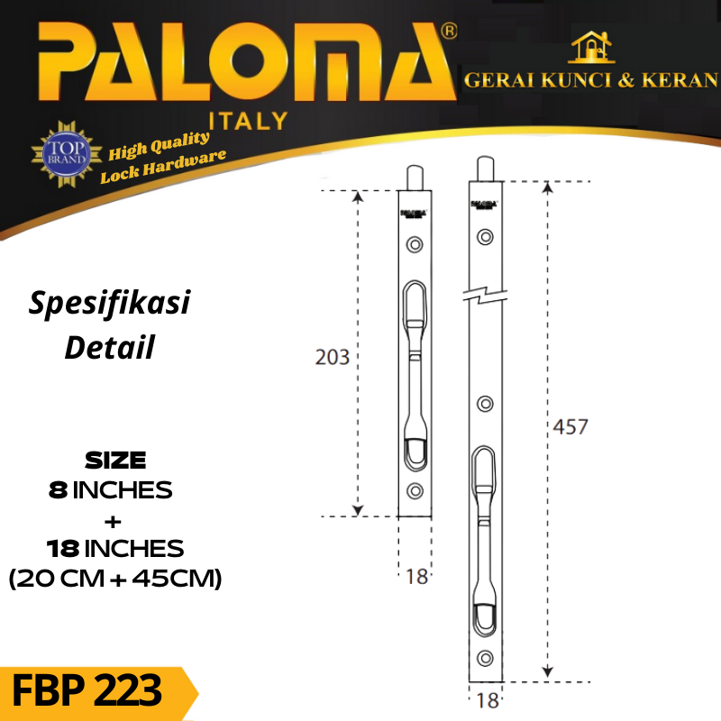 PALOMA FBP 223 GRENDEL TANAM FLUSH BOLT FUTURA 8 +18 INCH   (20+45CM) MATTE BLACK HITAM