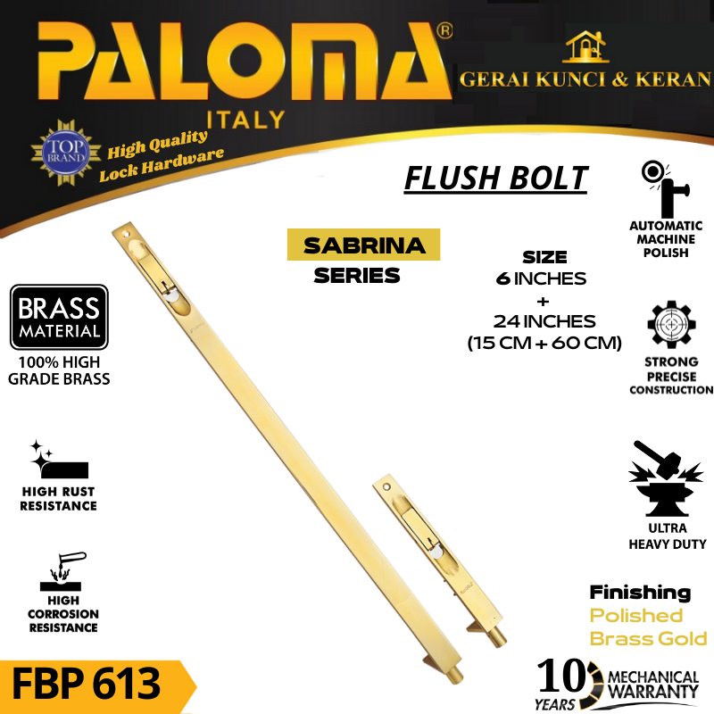 PALOMA FBP 613 SLOT PINTU GRENDEL TANAM 6+24 INCH (15+60CM) GOLD PB EMAS FLUSH BOLT