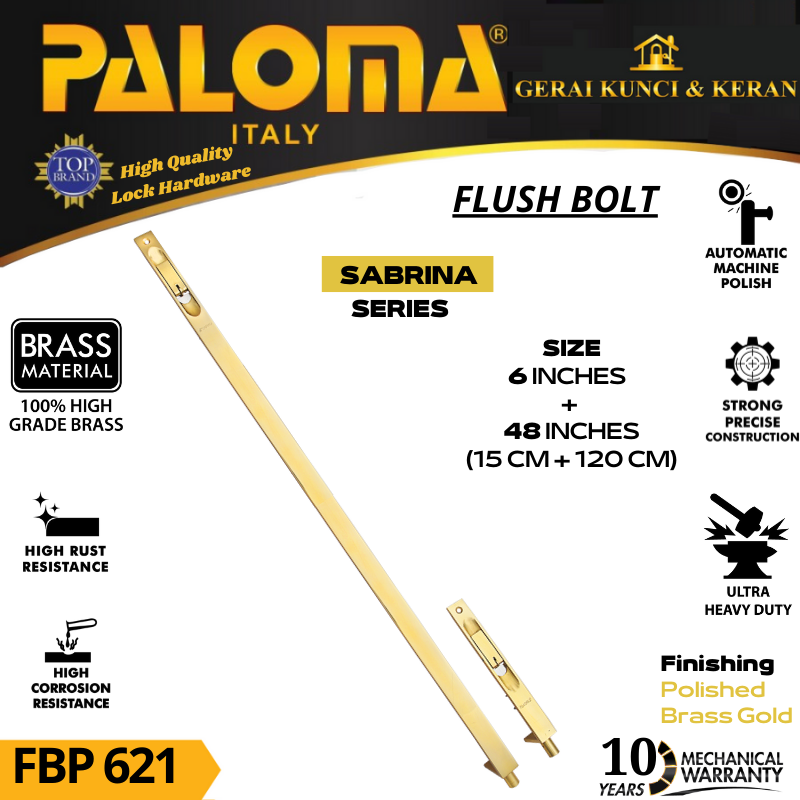 PALOMA FBP 621 SLOT PINTU GRENDEL TANAM 6+48 INCH ( 15+120 CM ) GOLD EMAS PB