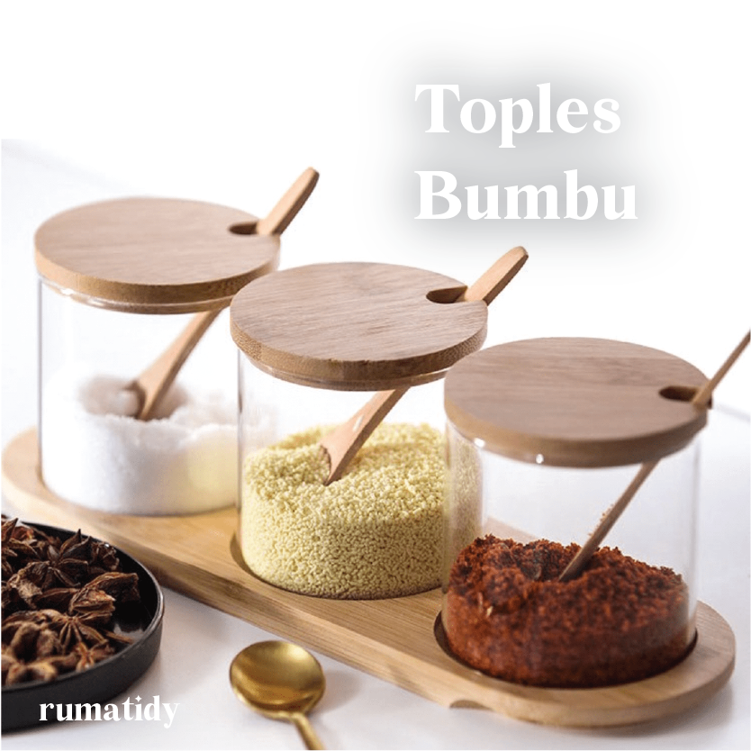 【RUMATIDY】Tempat Bumbu Dapur Borosilicate 3in1 Dengan Alas Tatakan dan Sendok Kayu Toples Bumbu Garam Gula Merica