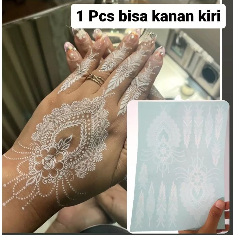 HENNA INSTAN, (Gratis Gliter &amp; Manik manik)  Henna stiker, henna tempel PUTIH 1 Lembar bisa tangan KANAN &amp; KIRI VOL 1