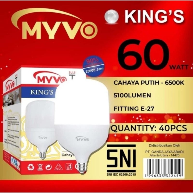 Lampu Led MYVO KING'S 60W 60 Watt Cahaya Putih 6500K Garansi 1 Tahun