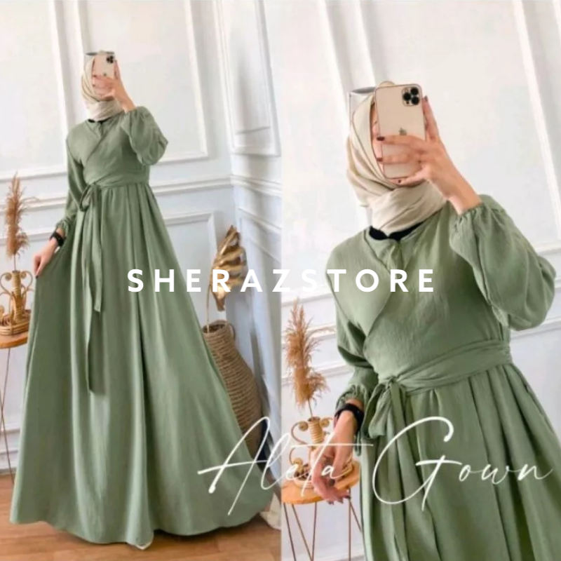 ALETA GOWN S M L XL XXL XXXL 5L Gamis Dress Putih Hitam Sage Green Jumbo Ld 120 130 140 Crinkle Airflow Terbaru