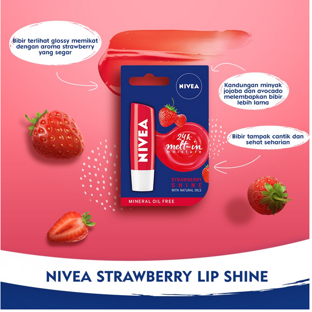 NIVEA 24H Melt In Moisture STRAWBERRY SHINE With Natural Oils ❤ jselectiv ❤ Lip Balm (Pelembap Bibir) NIVEA - ORI✔️BPOM✔️COD✔️