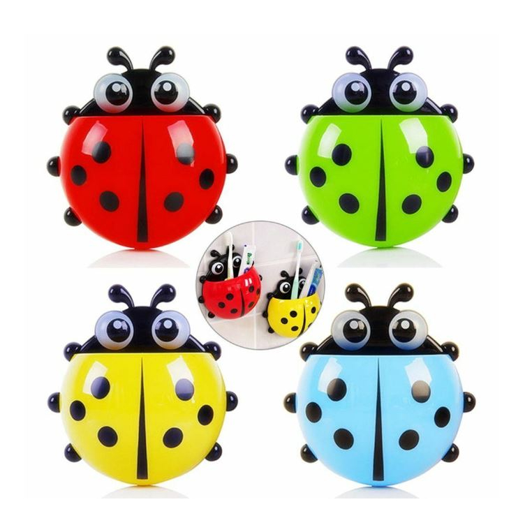 Rak Tempat Sikat Gigi Karakter Kumbang / Wadah Tempel Dinding Kaca Kamar Mandi / Toothbrush Holder Motif Ladybug / Silikon Sucker Serbaguna [MF]