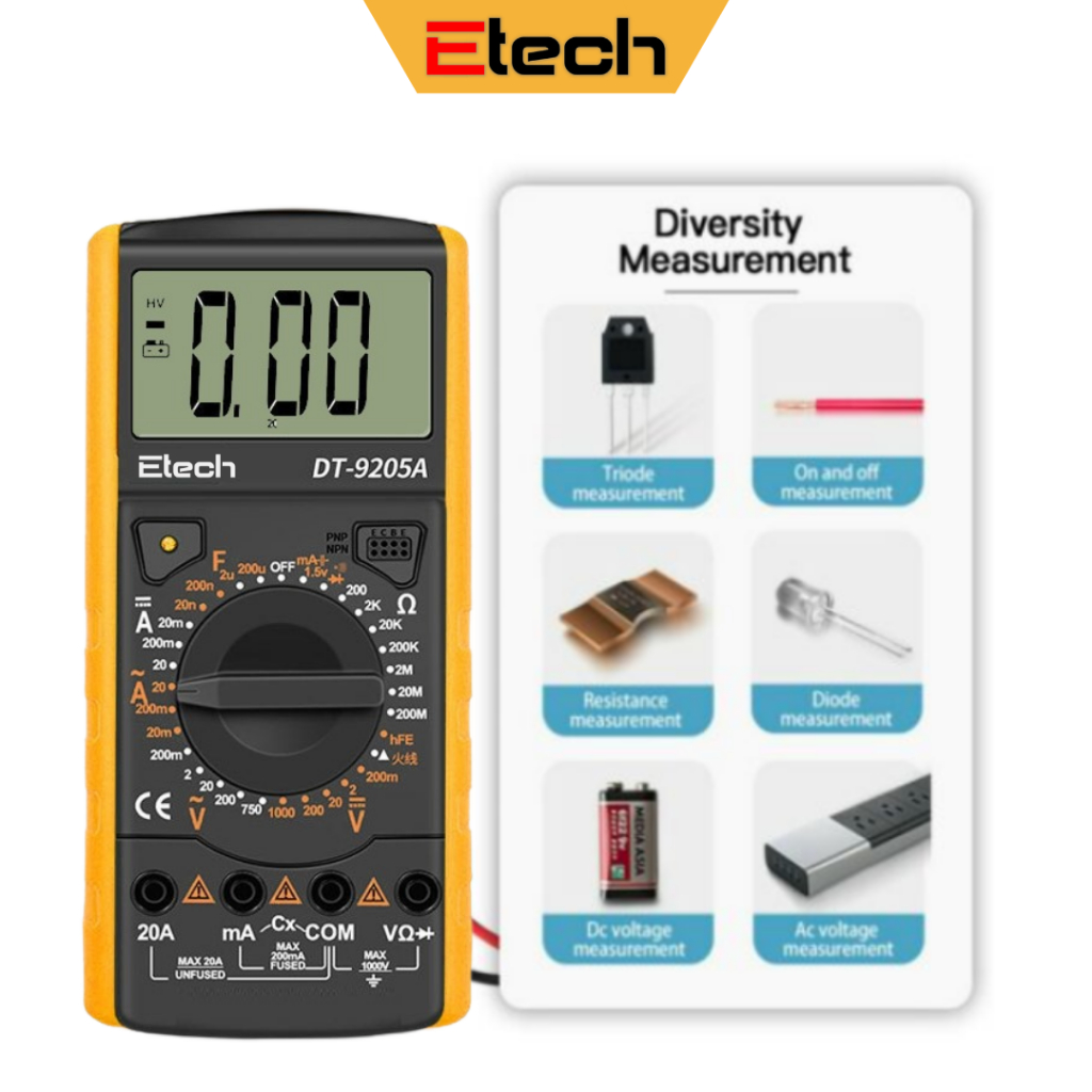 DT9205A LCD Digital Multimeter Electric Handheld Ammeter Voltmeter Resistance Capacitance AC and DC Power Meter Tester