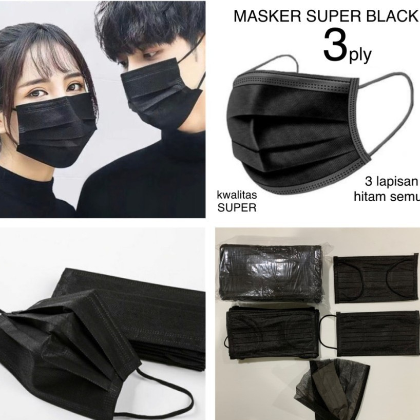 ONLYONE12 Termurah !!! Masker 3ply / Masker Disposable Hitam 3ply / Masker Earloop Black Mask / Masker Hitam isi 10-50pcs