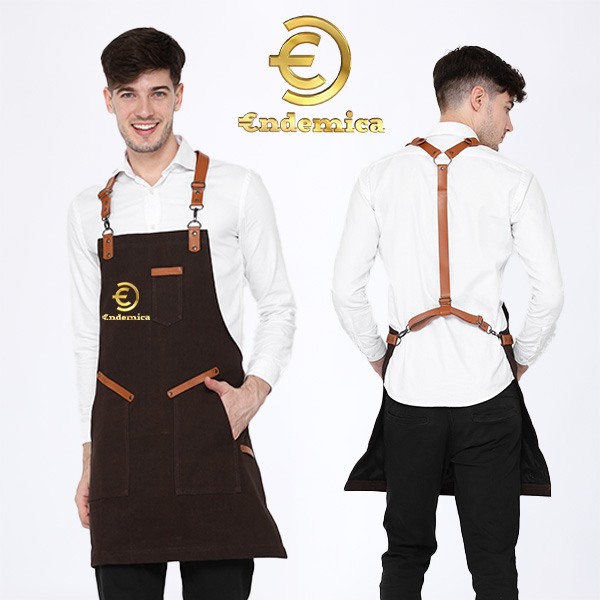 Apron barista Celemek cafe Apron barbershop  black denim &amp; synthetic leather crossback strep for barista/barbershop