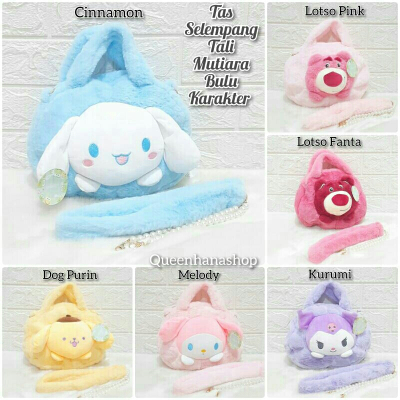 New Tas Selempang Boneka Tali Bulu Mutiara Karakter Tas Cewek