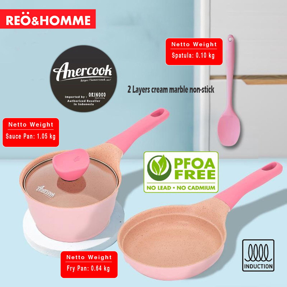 Reo&Homme Panci Set dan Teflon Anti Lengket Fry Pan & Sauce Pan Marble Non Stick 16cm Amercook AC010