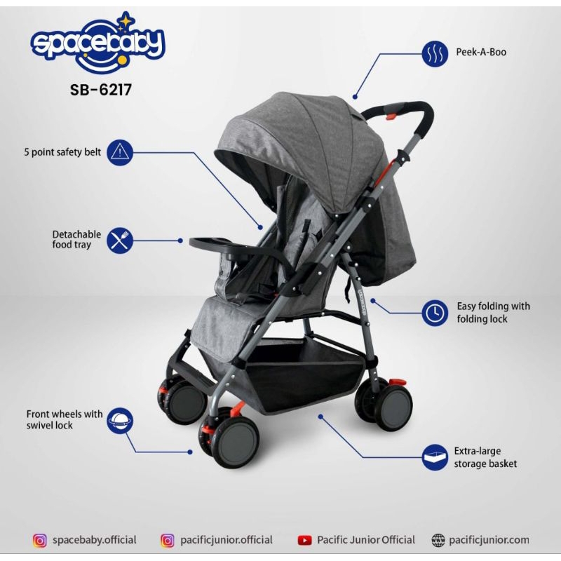 Kereta Dorong Bayi Anak Baby Stroller Space Baby Sb-6217 Reversible Stir Cabin Size