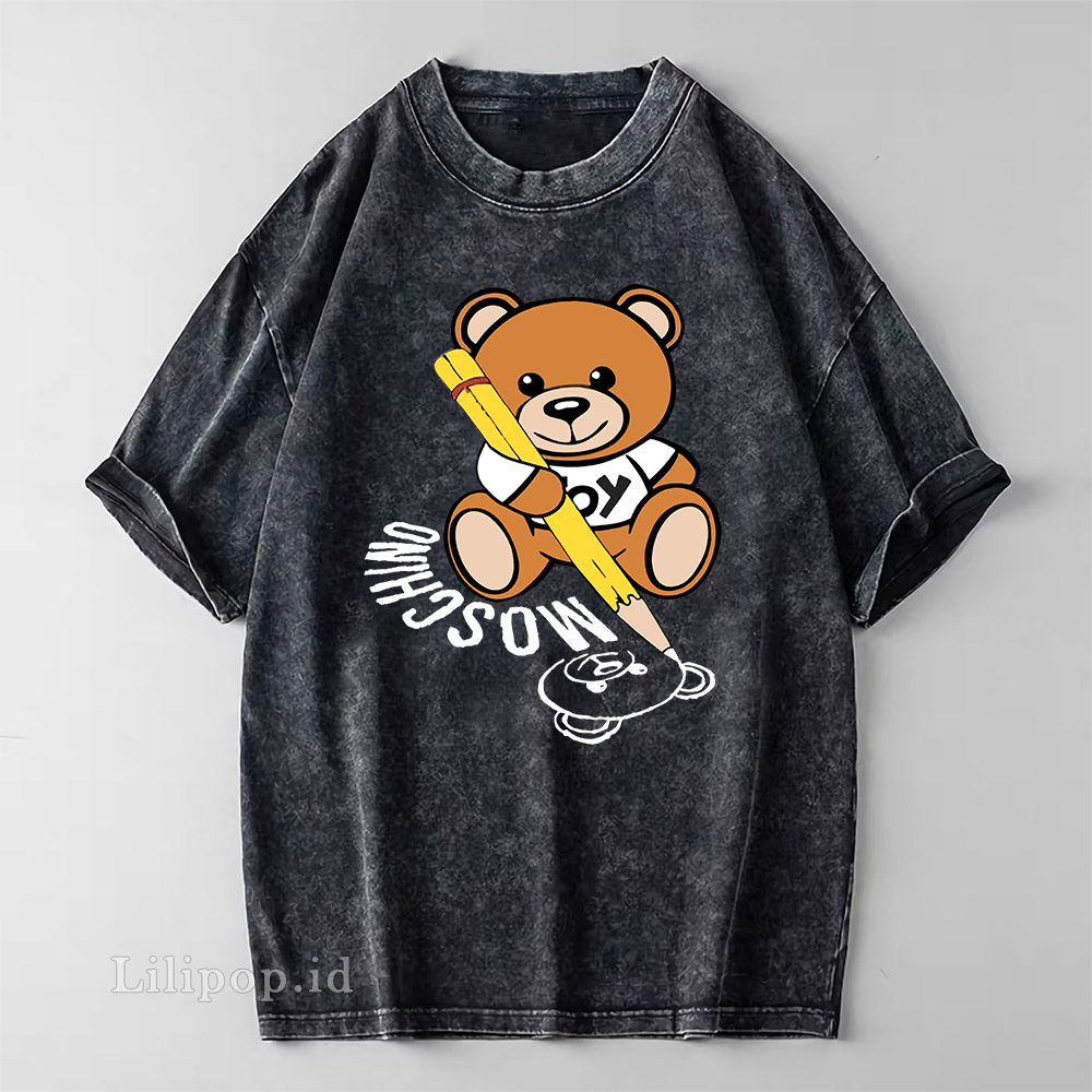 Kaos Baju Wash Tshirt MOSCHINO BEAR Wanita Pria Stone wash Baju Distro Basic Lengan Pendek unisex