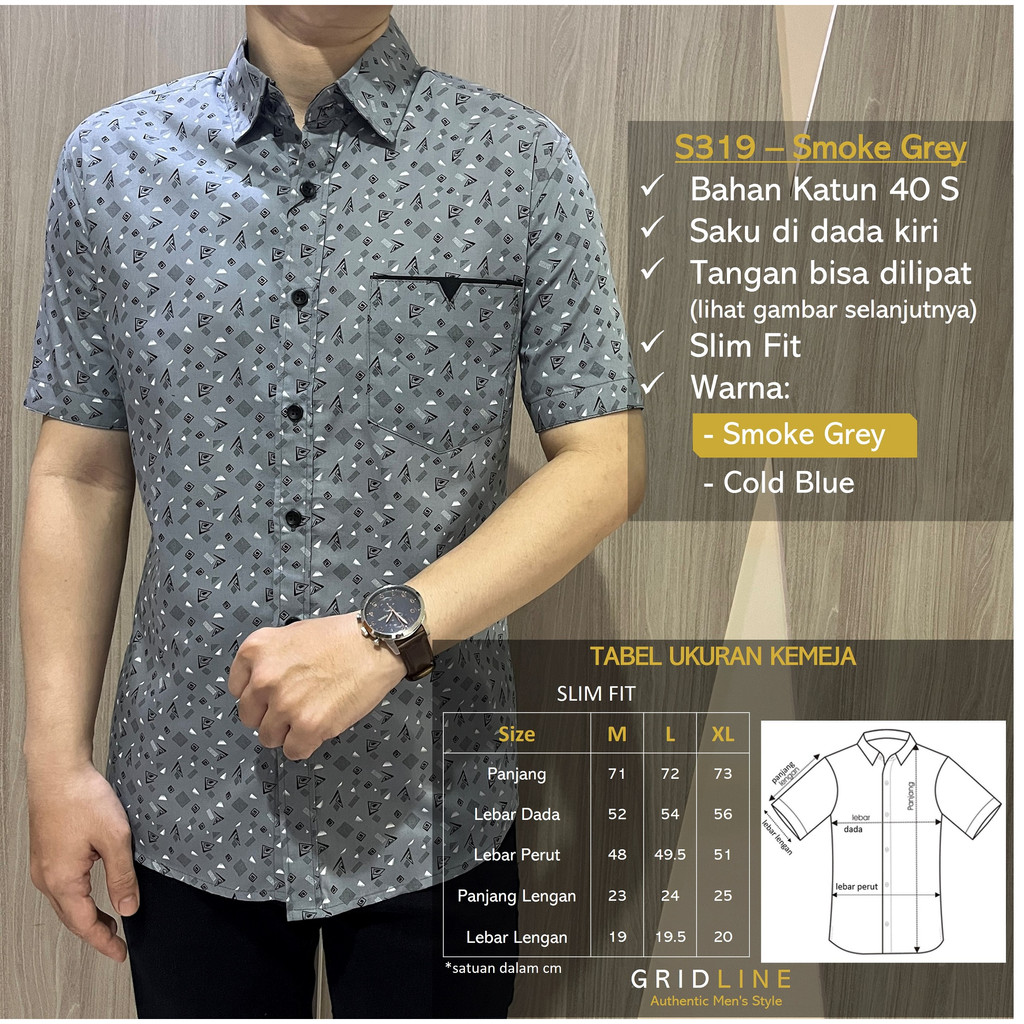 [GRIDLINE - S337 Rhythm Navy &amp; Black - S319 Smoke Grey] Kemeja Pria Slimfit Katun Lengan Pendek Print Modern Fashion Best Seller M-XXL