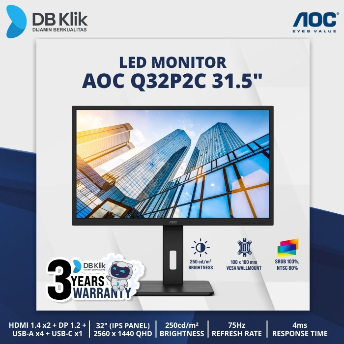 LED Monitor AOC Q32P2C 31.5&quot; 75Hz QHD HDMI DP USB C - AOC Q32P2C/70