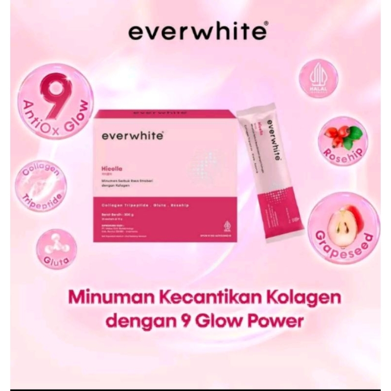 

EVERWHITE HICOLLA SACHETS 15 g,MINUMAN SERBUK RASA STROBERI DENGAN KOLAGEN