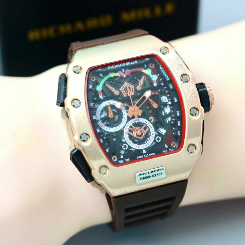 Jam Tangan Pria RM Richard Mile Crono Aktif Body Rosse Gold Tali Cokelat - Jam Tangan Pria