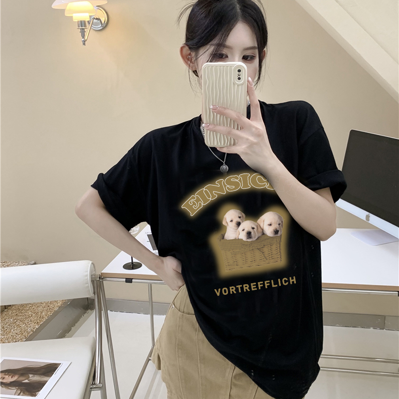 Print T-shirt Kaos Lengan Pendek Cartoon Basket Dog Oversize Atasan Wanita Korean Style