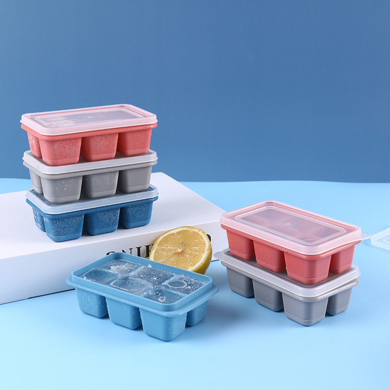 Cetakan Es Batu Silikon Model Sekat 6 Grid Bentuk Kotak Dengan Tutup Transparan / Silicone Ice Cube Tray 6 Cube With Lid / Cetakan Es Batu Mudah dan Praktis