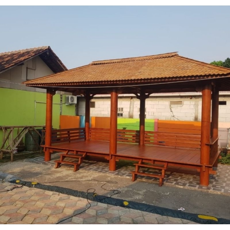 Gazebo Ukuran 5x2 Meter Kayu Kelapa Atap Sirap Desain 6 Tiang Bulat