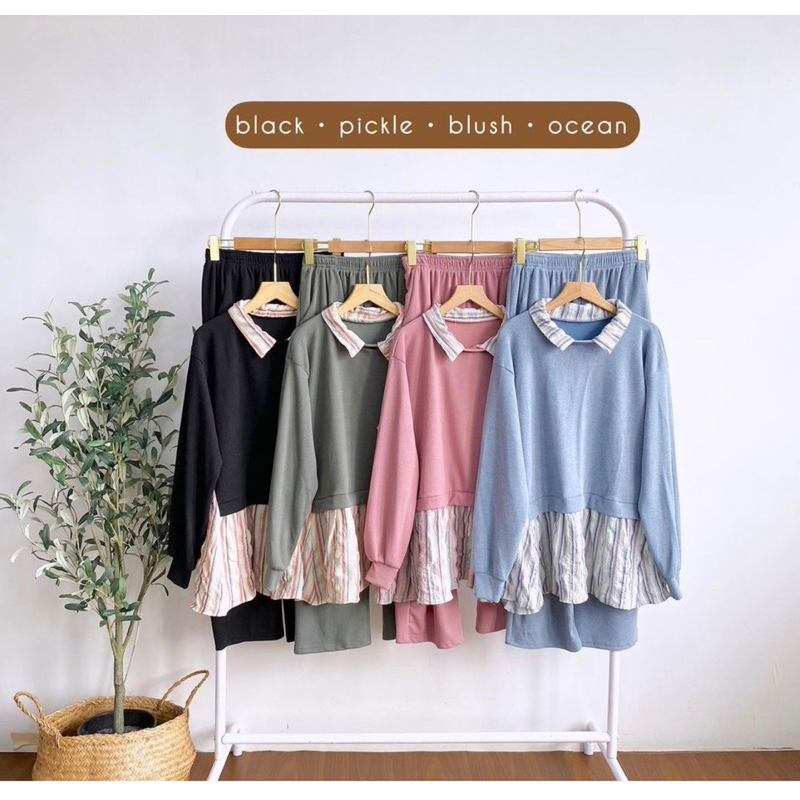 setelan salur kombinasi kaos knit setcel wanita kaos knit