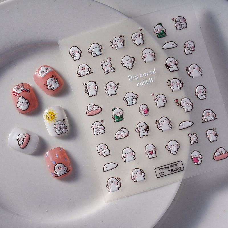 Sticker Kuku Motif Boneka Putih Lucu Imut Cute Line Kakao Korea 5D / 3D Timbul Emboss Sticker Kuku T