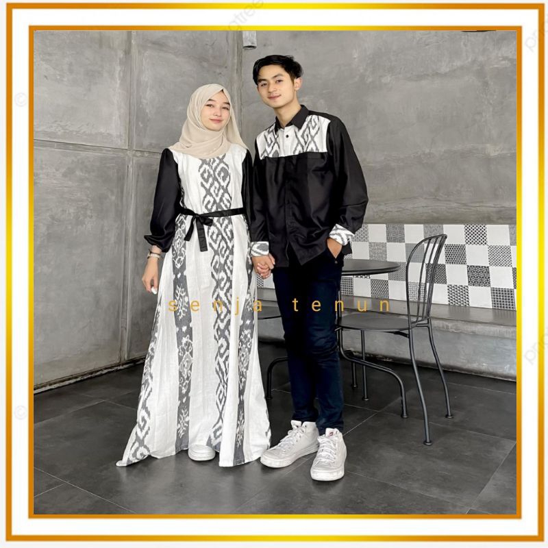 Gamis tenun ikat/set couple gamis tenun raya white ivory