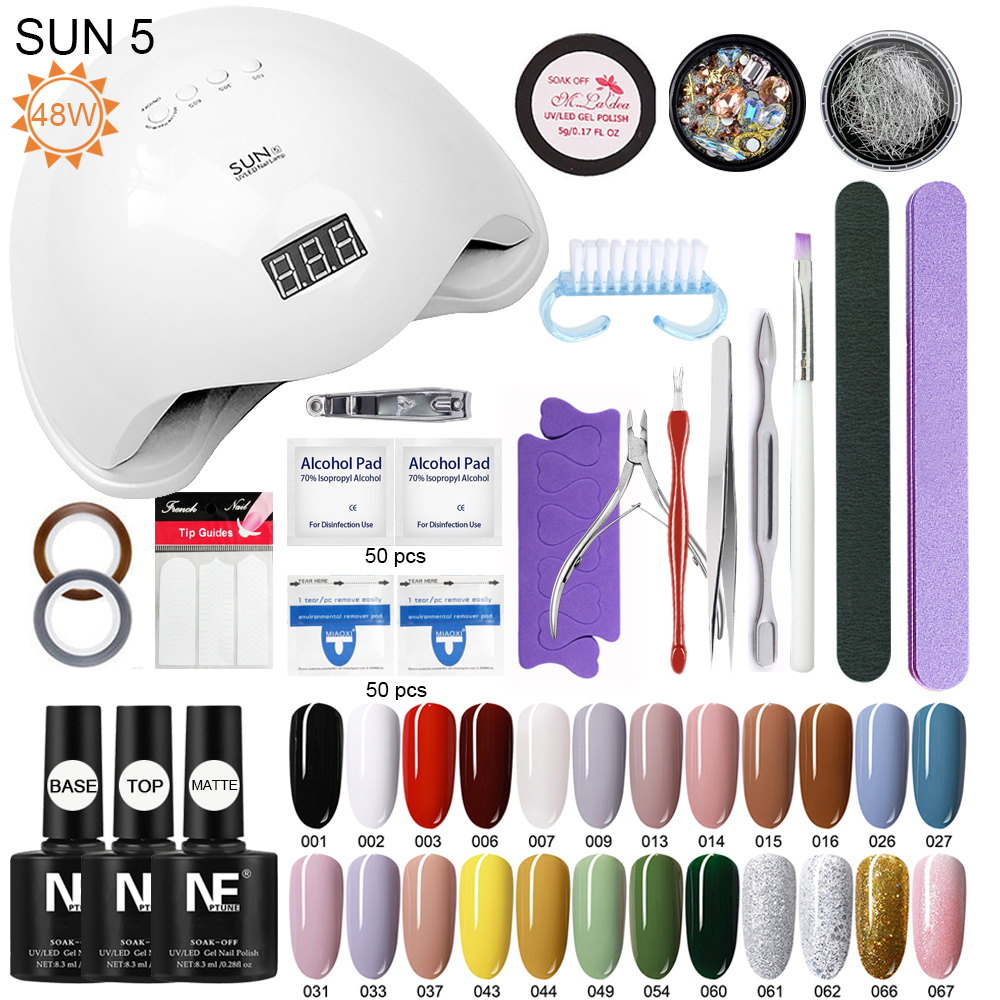 Alat kutek kuku nail art set Kutek Gel Lampu Kuku UV 48W 24 Warna Cat Kuku Gel, Set Peralatan Manikur Seni Kuku, Atasan dan Tidak Mengilap dengan Lapisan Dasar 22pcs alat set manikur base&amp;top&amp;matte cat kuku 60pcs Kuku Palsu