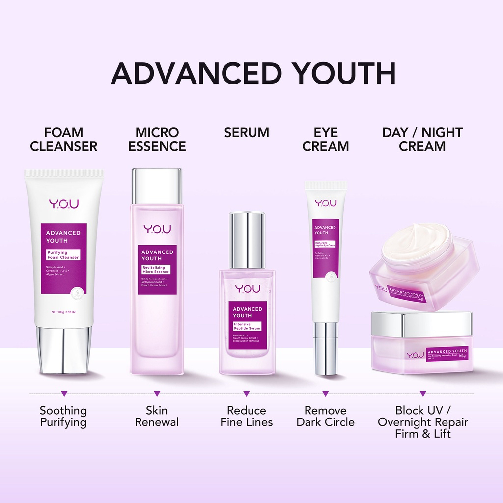 YOU Advanced Youth Line-Smoothing Peptide Day Cream SPF 15 Indonesia / Krim Siang 30g / Plantide X + French Yarrow Extract / Whip Cloud Like Texture Firming Skin Actives / Anti Aging Penuaan Dini Garis Keriput Skincare Face Care Y.O.U Series Night Malem