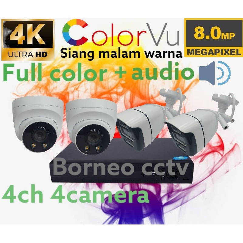 PAKET CCTV 8MP COLORVU 4 CHANNEL 4 KAMERA AUDIO ULTRA HD 4K FULL COLOR