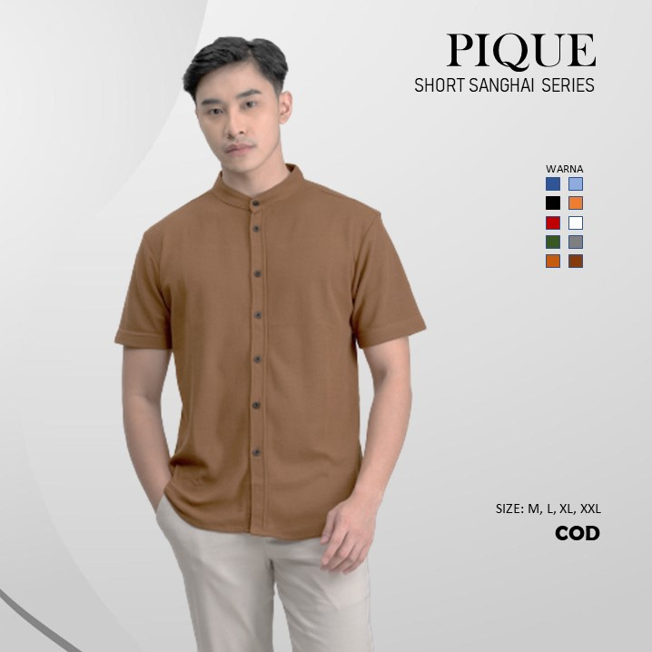 Kemeja Polos Pria Ciangi Lengan Pendek Kerah Sanghai Bahan Pique