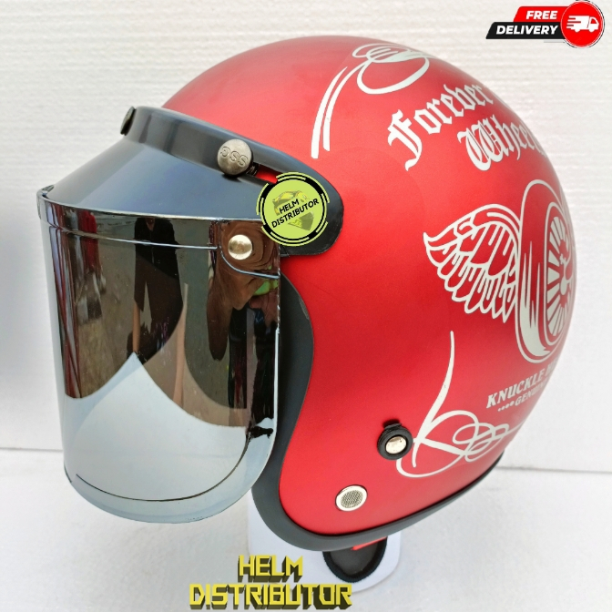 HELM BOGO RETRO MOTIF TWO WHEELS DEWASA KACA DATAR HITAM/BENING/SILVER/PELANGI PRIA WANITA COD