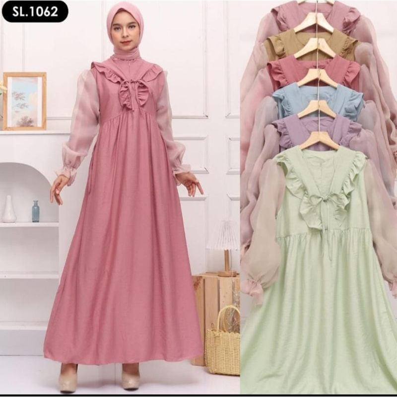 Fashion Muslim Gamis DELINA crinkle premium FELINA dress | IRIANA crinkle mix organza dress rempel kekinian terbaru