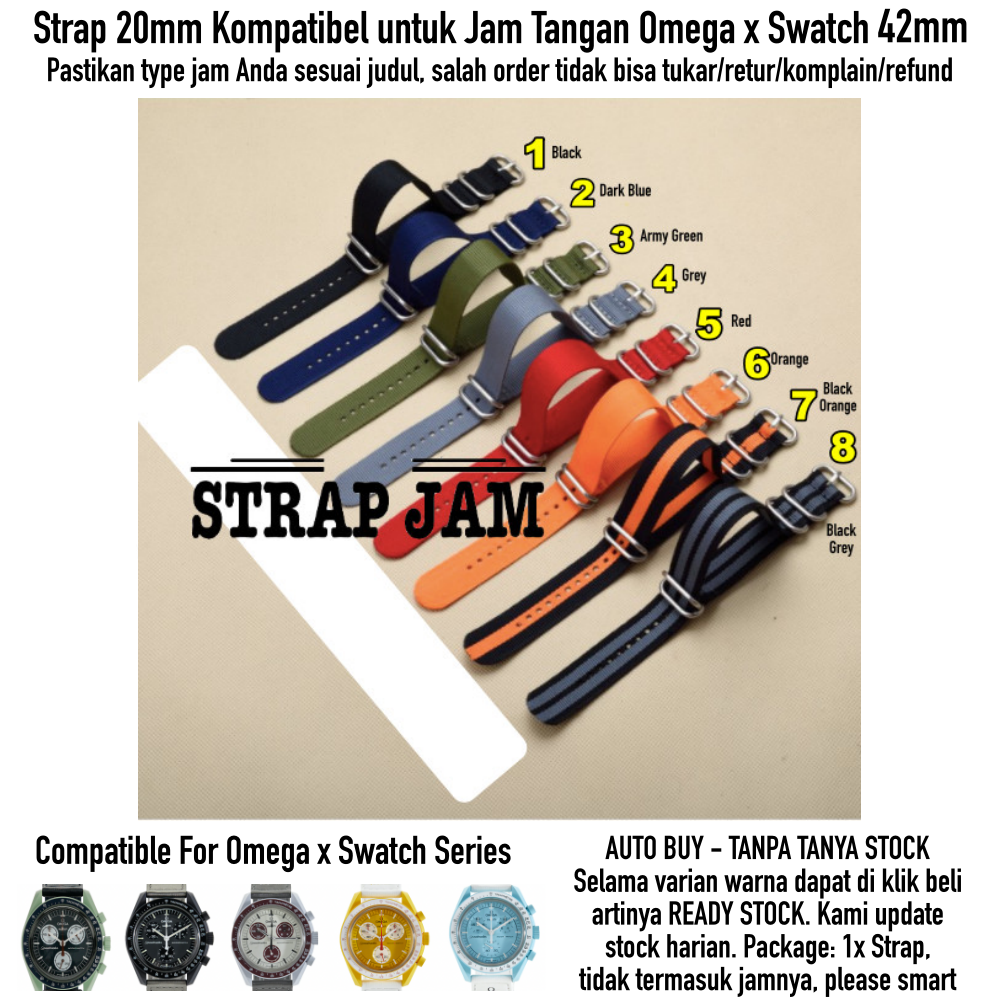 Zulu Nato Strap 20mm Omega X Swatch 42mm Nylon Kanvas Silver Metal Buckle - Tali Jam Tangan