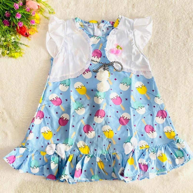 Dress Anak 1 2 Tahun Anak Cewek Perempuan motif ice cream lucu kekinian pompom ropi terbaru viral ( Dress Romcer )