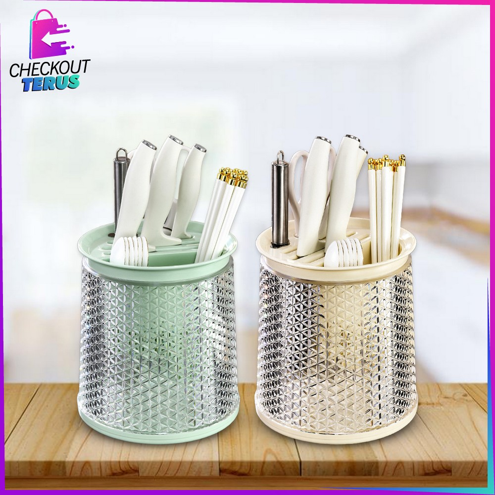 CT C854 Rak Putar 360° Estetik Tempat Sendok Garpu Sumpit Pisau Wadah Penyimpanan Peralatan Dapur Cutlery Holder dengan Tirisan