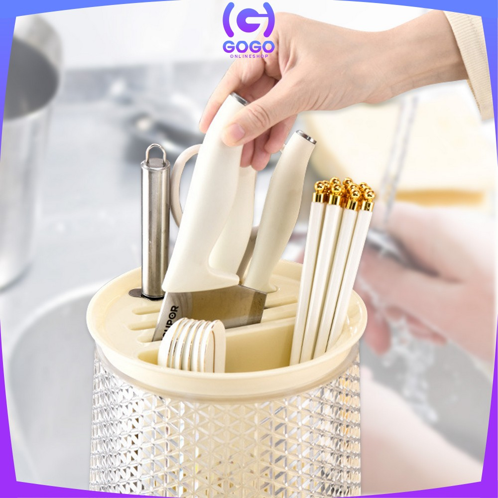 GOGO-C854 Tempat Sendok Garpu Sumpit Pisau Cutlery Holder Dengan Tirisan / Wadah Penyimpanan Rak Putar 360° Estetik Peralatan Dapur